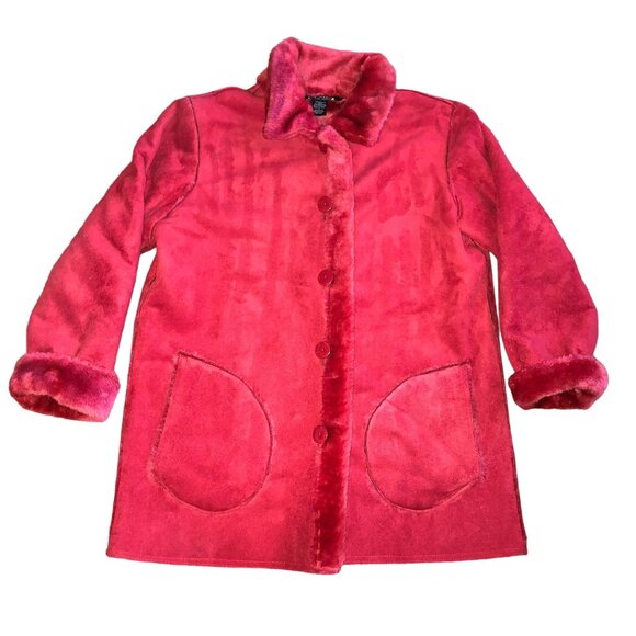 RED VEGAN SUEDE COAT SZ M RED SHERPA LINED FRONT POCKETS CA.SUAL WOMENS - Picture 1 of 5